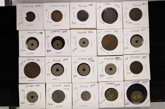 20-ASSORTED FRANCE COINS: 1854-1923. 3-TWO