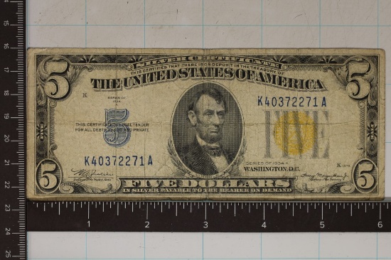 1934-A US NORTH AFRICA $5 YELLOW SEAL SILVER CERT.