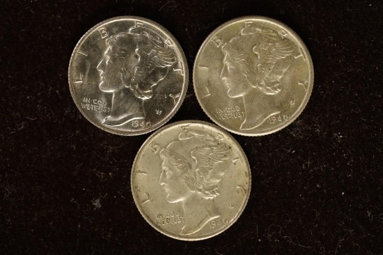1940-P/D/S SILVER MERCURY DIMES AU+-BRILLIANT UNC