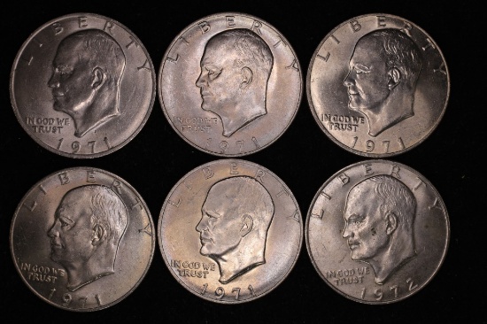 6-IKE DOLLARS ALL UNC. 5-1971 & 1-1972
