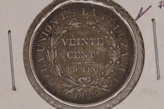 ERROR 1888 BOLIVIA SILVER 20 CENTAVOS DIE CRACK