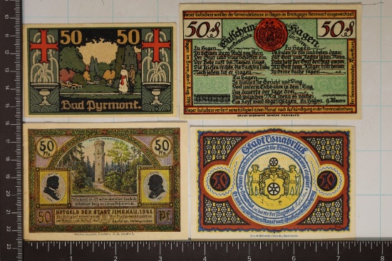 4-CRISP UNC GERMAN 50 PFENNIG NOTGELDS. ALL ARE