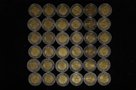 36-ITALY UNC BI-METAL 500 LIRE COINS: 6 DIFFERENT