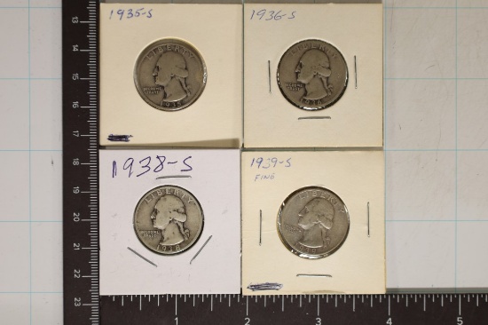 1935-S, 36-S, 39-S & 1938-S WASHINGTON SILVER 1/4S