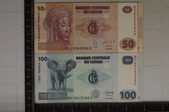 2-CRISP UNC CONGO BILLS: 2013-50 FRANCS AND