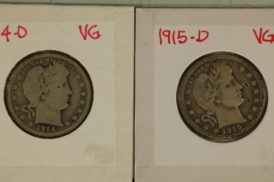 1914-D & 1915-D SILVER BARBER QUARTERS BOTH VG'S