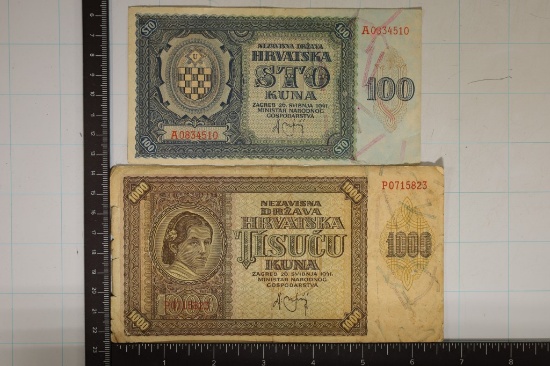 2-CROATIAN BANKNOTES: 1941-100 AND 1000 KUNAS