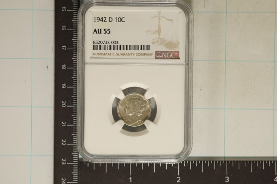1942-D SILVER MERCURY DIME NGC AU55
