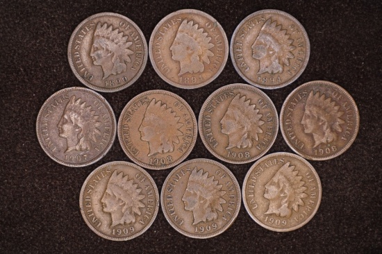 10-INDIAN HEAD CENTS: 1890, 2-1894, 1907,3-1908 &