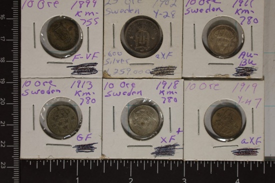 1899, 1902, 1911, 13,18 & 1919 SWEDEN SILVER 10