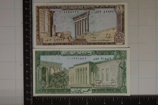 2 CRISP UNC LIBAN 1 & 5 LIVRE BANKNOTES BOTH ARE