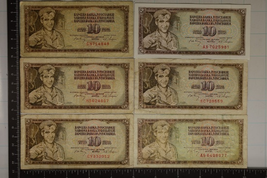 6-YUGOSLAVIAN 10 DINAR BANKNOTES FEATURING