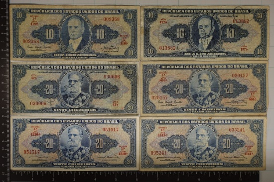 6-BRASIL BILLS: 2-10 CRUZEIROS & 4-20 CRUZEIROS