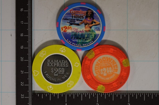 3-$2.50 CENT CASINO CHIPS: NEVADA PALACE,
