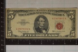 1963 US $5 US NOTE RED SEAL. SMALL CHUNK