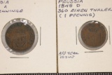 2-PRUSSIA COPPER COINS: 1848-D ONE PFENNIG AND