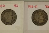 1914-D & 1915-D SILVER BARBER QUARTERS BOTH VG'S