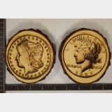 2 COIN THEMED ENGRAVED PINE LIVE EDGE COASTERS