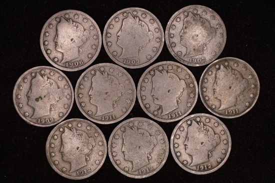 10 LIBERTY "V" NICKELS: 1906-1912