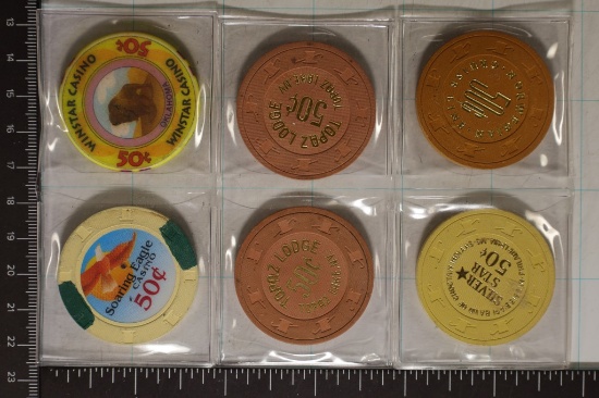 6-50 CENT PLASTIC CASINO GAMING CHIPS
