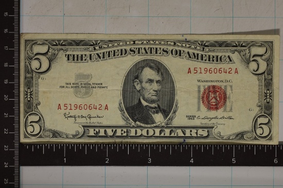 1963 US $5 RED SEAL NOTE SMALL INK SPOTS ON OBV