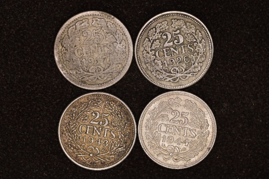 1917, 26, 43 & 1944 NETHERLANDS SILVER 25 CENT