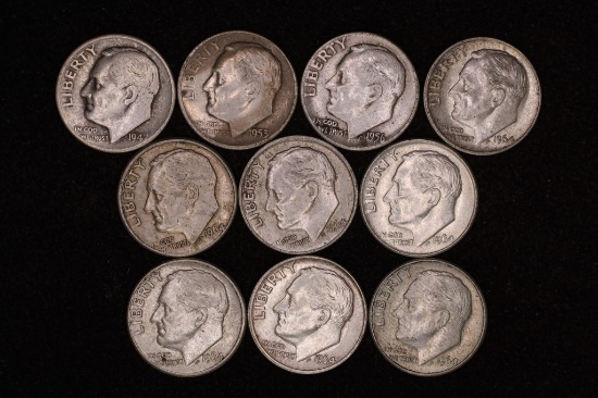10 SILVER ROOSEVELT DIMES: 1-1947, 1-1953, 1-1956&