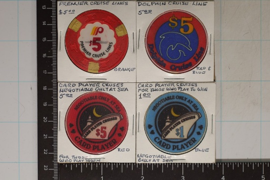 4 PLASTIC CASINO CRUISE TOKENS: 3-$5 & 1-$1