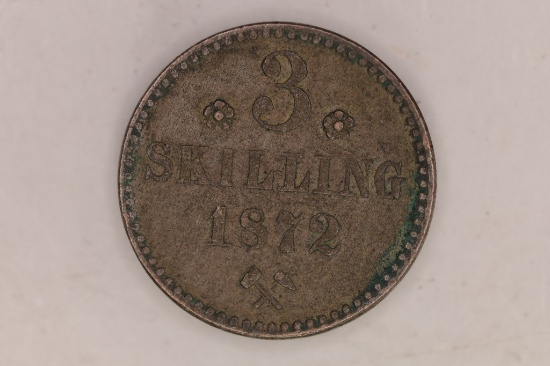 1872 NORWAY SILVER 3 SKILLING .0181 OZ. ASW