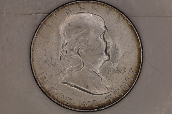 1949-S SILVER FRNAKLIN HALF DOLLAR. AU WITH TONING