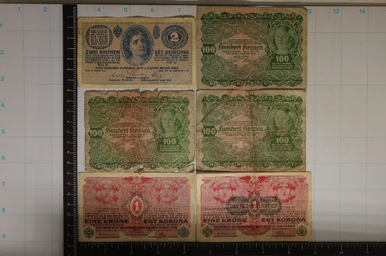6 AUSTRIAN BANKNOTES: 2-1 KRONE, 1-2 KRONE & 3