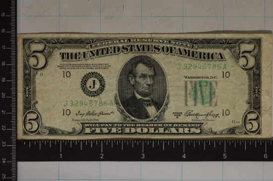 1950-A US $5 FRN'S  GREEN SEAL BILL MINOR MISCUT