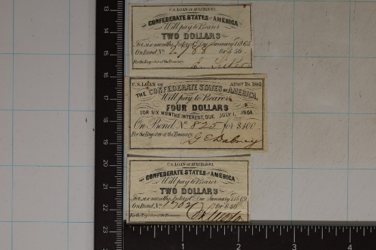 3 CONFEDERATE STATE BOND COUPONS: $2-1865, $4-