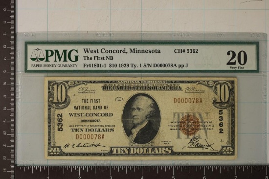 1929 US $10 TYPE I NATIONAL CURRENCY WEST CONCORD