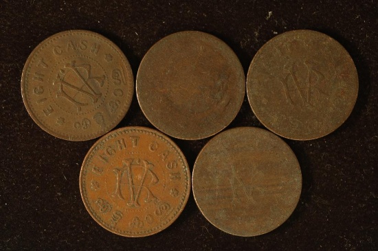 5 INDIA-PRINCELY TRAVANCORE COPPER 8 CASH COINS.