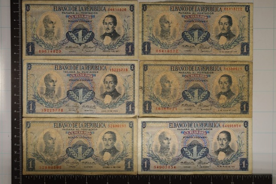 6-COLUMBIA 1 PESO BILLS: 1-1961, 1-1966, 1-1971,