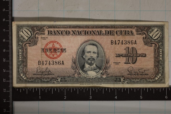 1960 CUBA 10 PESO BILL "CESPEDES" SOME OLD RED