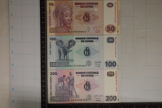 3 CRISP UNC CONGO COLORIZED BILLS: 2013-20,