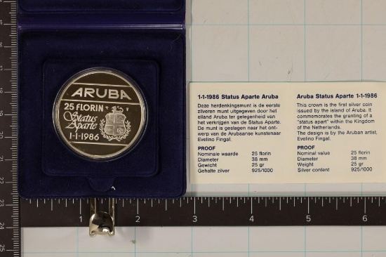 1986 ARUBA STERLING SILVER PF $25 COIN. 25 GRAMS