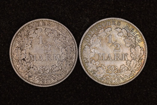 1911-E & 1916-J GERMAN SILVER 1/2 MARK COINS