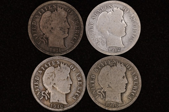 1911, 1912 & 2-1916 SILVER BARBER DIMES