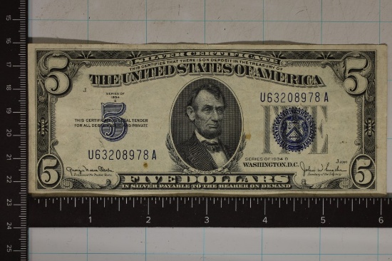 1934-D US $5 SILVER CERTIFICATE XF+ BLUE SEAL