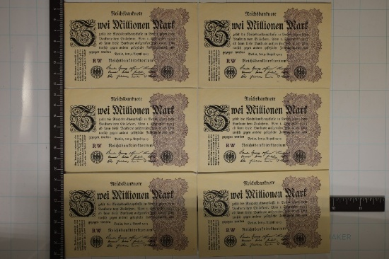 6-CRISP UNC GERMAN 2 MILLION MARK BANKNOTES FROM
