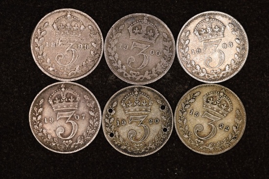 6 GREAT BRITAIN SILVER 3 PENCE COINS .2294 OZ. ASW