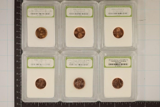 6 SLABBED LINCOLN CENTS: 1959-P BU RED, 2000-D