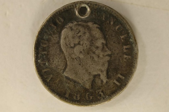 1863 ITALY SILVER 1 LIRE .1235 OZ. ASW WITH HOLE