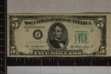 1950-A US $5 FRN'S  GREEN SEAL BILL MINOR MISCUT