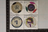 4-$1 CASINO CHIPS. 3-PLASTIC & 1 CLAY HOLLYWOOD