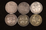 6 GREAT BRITAIN SILVER 3 PENCE COINS .2294 OZ. ASW