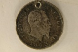 1863 ITALY SILVER 1 LIRE .1235 OZ. ASW WITH HOLE